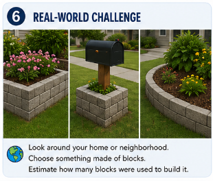 Small real-world block projects including a planter, mailbox enclosure, and curved landscape border for estimating block counts.