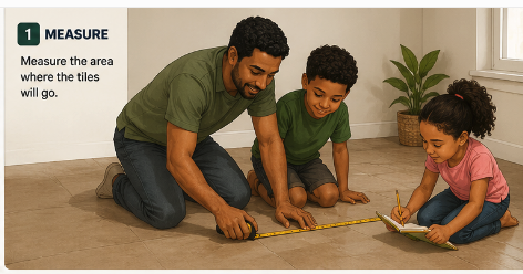 Family measuring a small rectangular surface and one tile without showing a completed tile layout.
