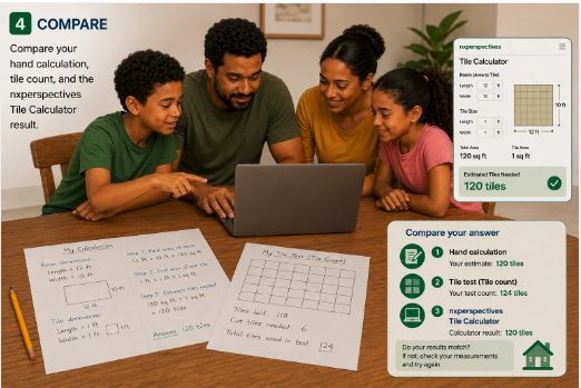Family comparing a hand calculation, tile test count, and a callout for the nxperspectives Tile Calculator.