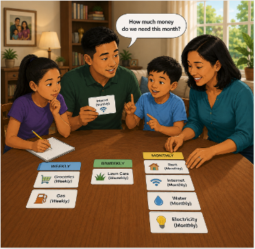 Family sorting weekly, biweekly, and monthly expense cards while asking how much money they need this month.