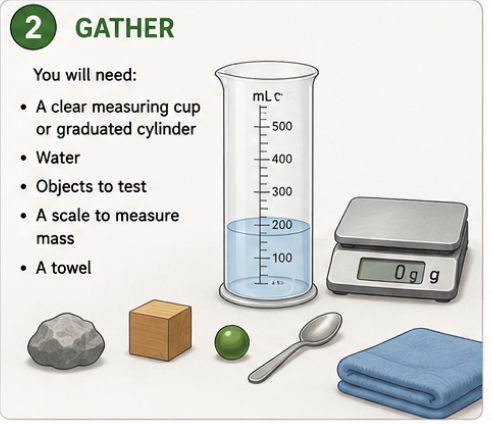Measuring cup, water, towel, scale, pencil, and irregular objects arranged for the displacement activity.