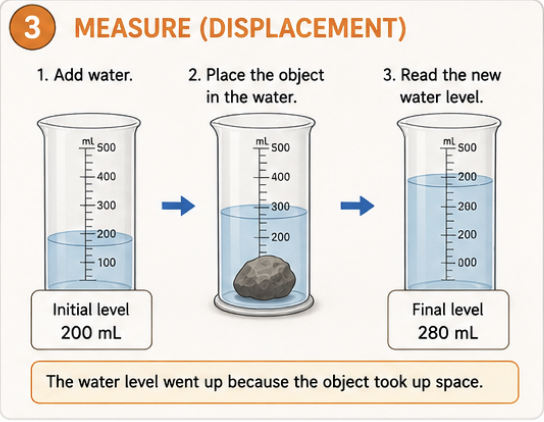 Learner reading the initial and final water levels in a graduated container after submerging an irregular object.