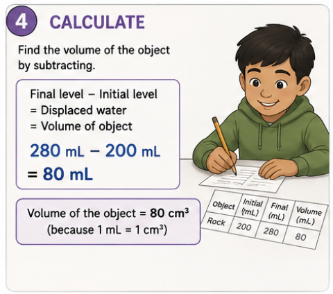 Notebook showing final water level minus initial water level equals object volume.