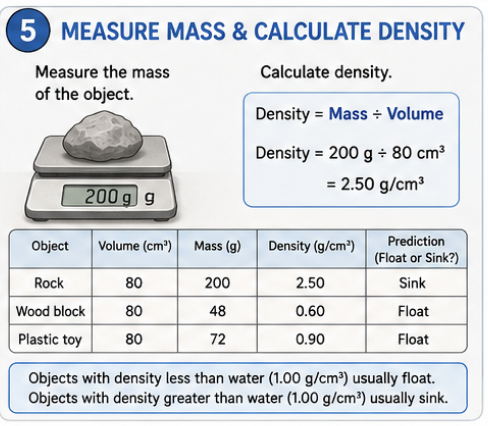 Learner weighing an object and dividing mass by volume to calculate density.