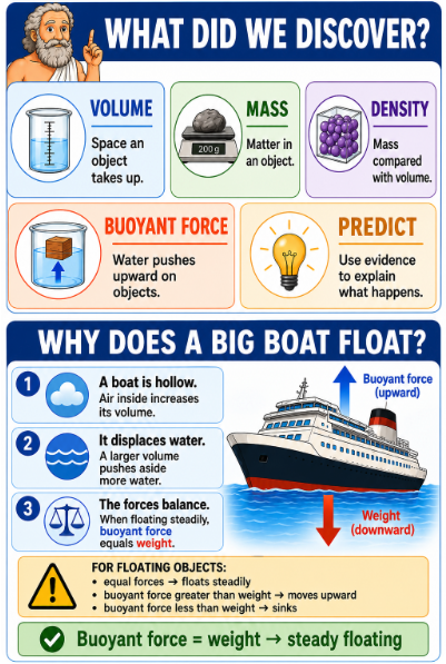 Large ship floating because its hollow shape displaces enough water to balance its weight.