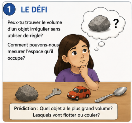 Apprenant qui compare des objets irréguliers avant de mesurer leur volume.