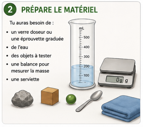 Matériel préparé pour une activité de déplacement d'eau.