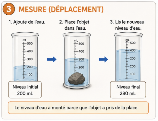 Lecture du niveau d'eau initial et final dans un contenant gradué.