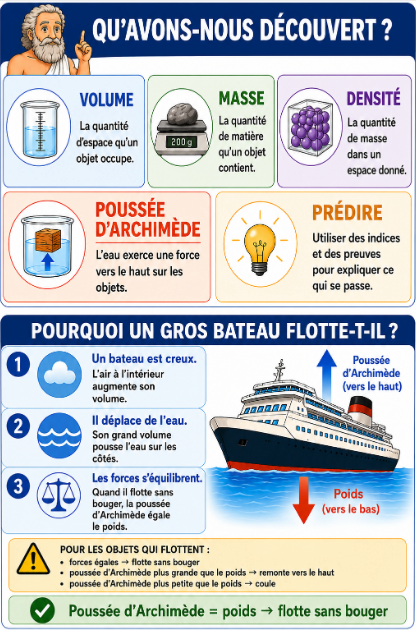 Grand navire qui flotte parce que sa forme creuse déplace assez d'eau.